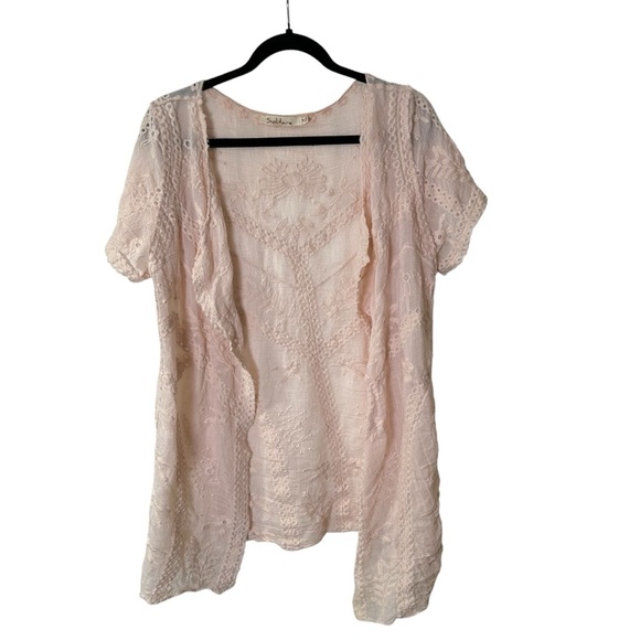 Solitaire M Pink Floral Embroidered Short Sleeve Open Front Cardigan Kimono - Picture 1 of 8